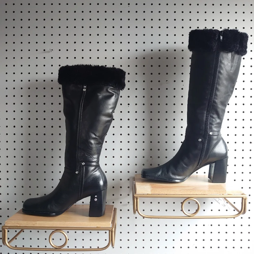 Westies Chunky Heel Block Leather, Fur And Rivet Rhinestone Winter Boots Black - Picture 2 of 14